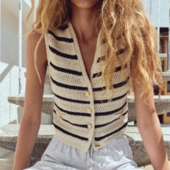 Zara Sweaters - Zara Black and Cream Striped Cardigan Vest Small
